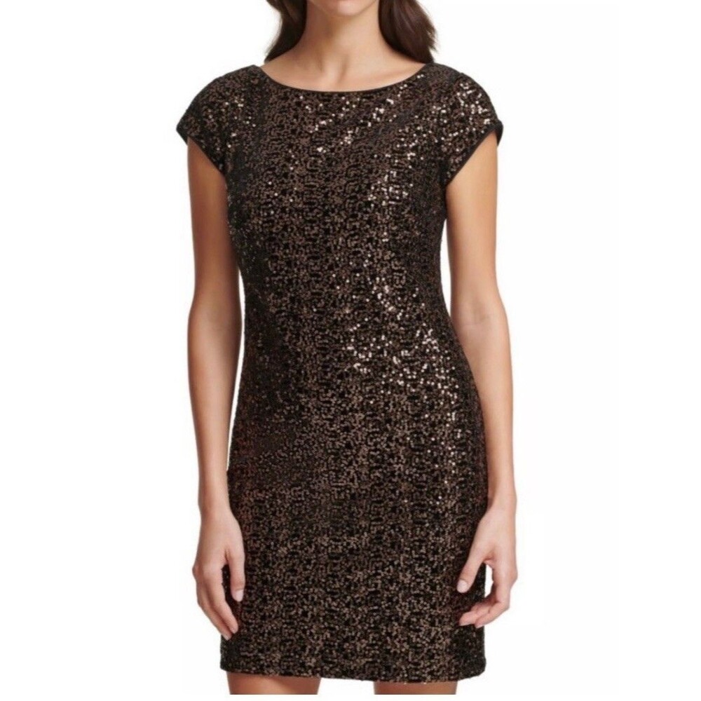 Eliza J Brown Sequin Mini Dress Cap Sleeve Party-8